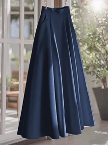 GlowEve CURVE Plus Size Women Solid Color Pocket Elegant Commute Skirt - Black - View 1