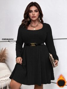 Vionelle Plus Ribbed Knit Scoop Neck Dress Without Belt Fall Cloth For Women Party Dinner Office Black Elegant - Black - View 1