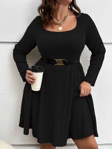 Vionelle Plus Ribbed Knit Scoop Neck Dress Without Belt Fall Cloth For Women Party Dinner Office Black Elegant - Black - View 5