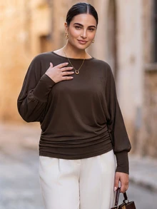 Chikora تي شيرت نسائي مقاس كبير بلون موحد كاجوال أنيق للاستخدام اليومي والمكتب والعمل في فصل الخريف - بني - مشاهدة 2