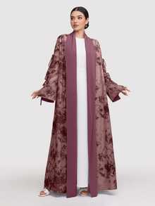 Al Najma 女款紮染長袖抽繩設計寬鬆版型阿巴亞長袍 - 紅木色 - 查看 1