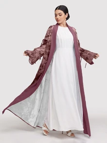 Al Najma 女款紮染長袖抽繩設計寬鬆版型阿巴亞長袍 - 紅木色 - 查看 4