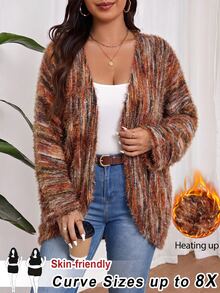 SHEIN CURVE+ Plus-Size Us22 Loose-Fitting Ribbed Brushed Baggy Goth 1920 Vintage Elegant Knit Cardigan Jacket Fall Travel Office Party Formal Brown Spotty - Multicolor - View 1