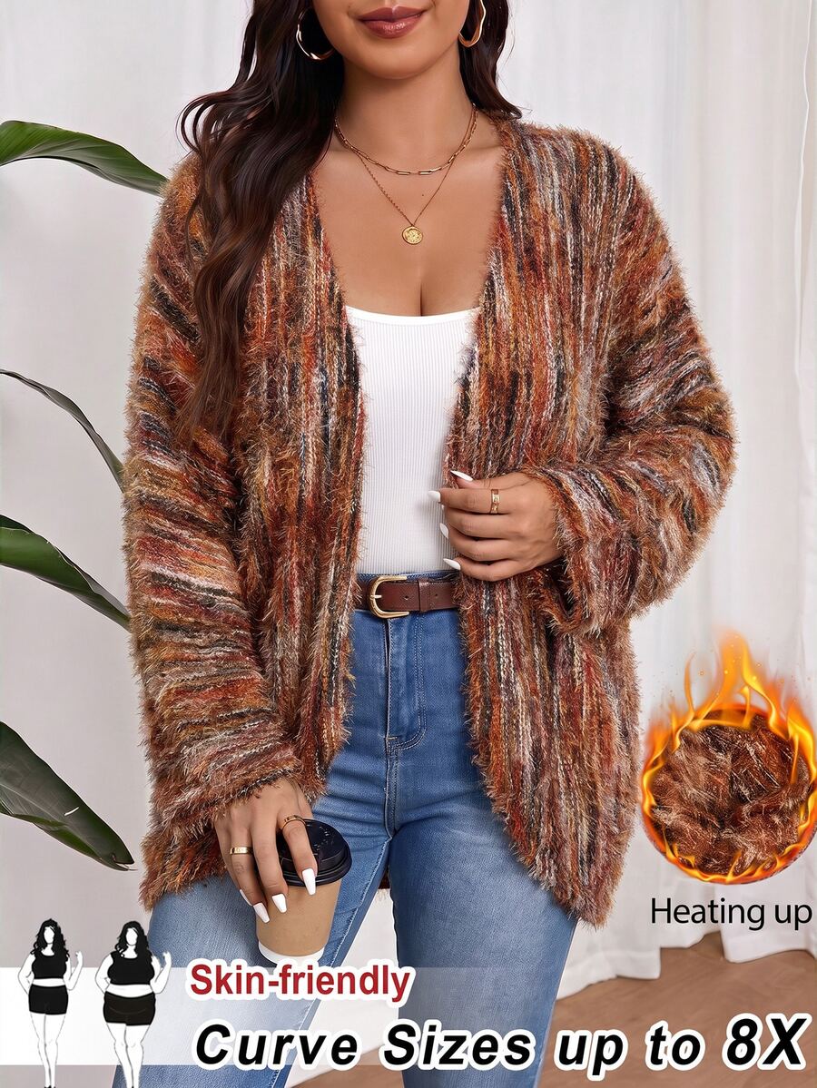 SHEIN CURVE+ Plus-Size Us22 Loose-Fitting Ribbed Brushed Baggy Goth 1920 Vintage Elegant Knit Cardigan Jacket Fall Travel Office Party Formal Brown Spotty - Multicolor - View 1