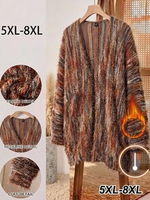 SHEIN CURVE+ Plus-Size Us22 Loose-Fitting Ribbed Brushed Baggy Goth 1920 Vintage Elegant Knit Cardigan Jacket Fall Travel Office Party Formal Brown Spotty - Multicolor - View 9