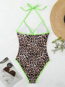 Oceva Summer New Leopard Print One-Piece Swimsuit,Vintage Halter Backless Beach Vacation Brown Summer Cute Animal Print Neon Trim Cheetah Bathing Suit - Yellow - View 7