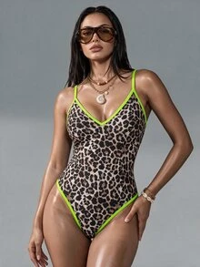 Oceva Summer New Leopard Print One-Piece Swimsuit,Vintage Halter Backless Beach Vacation Brown Summer Cute Animal Print Neon Trim Cheetah Bathing Suit - Yellow - View 5