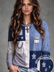 Linhara CURVE Patchwork Design Star Pattern Print Fashion Casual Plus Size T-Shirt - Multicolor - View 1