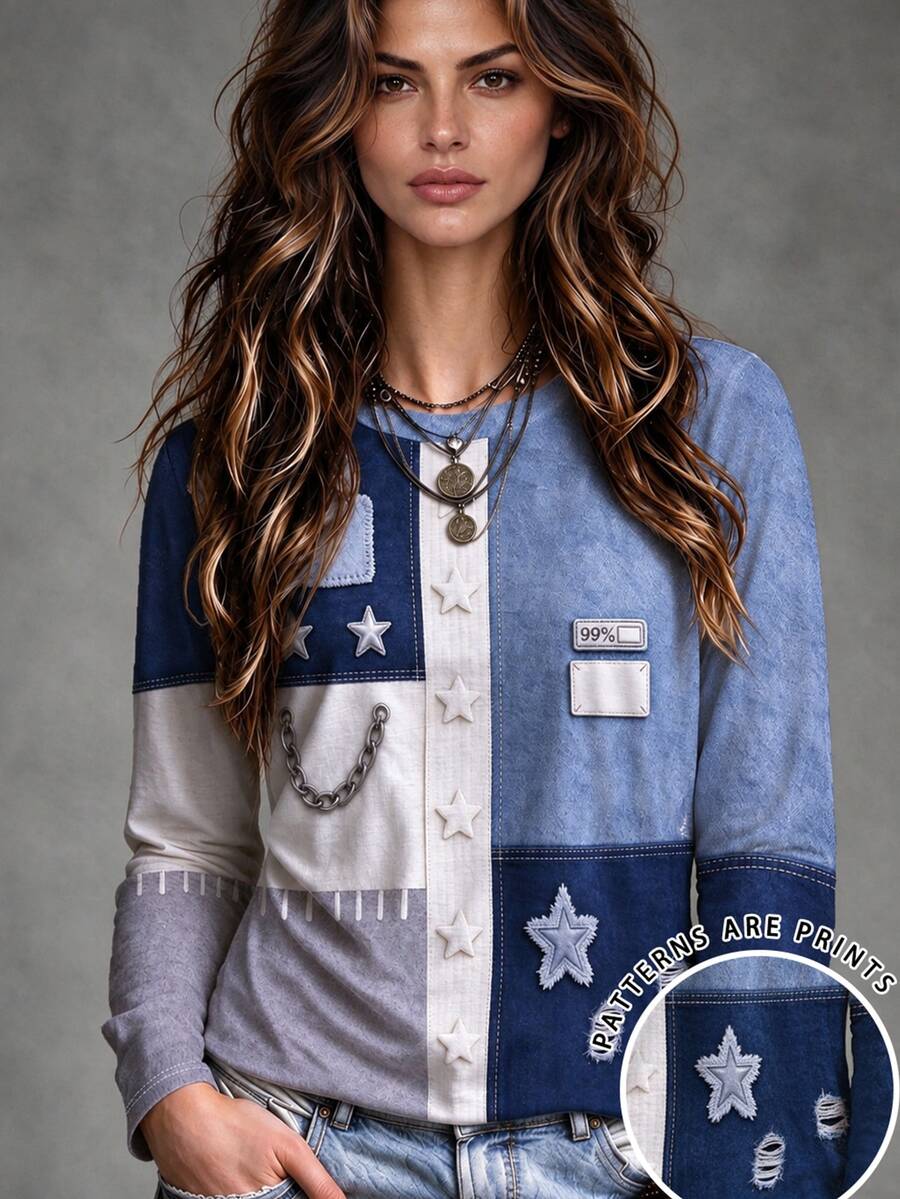 Linhara CURVE Patchwork Design Star Pattern Print Fashion Casual Plus Size T-Shirt - Multicolor - View 1