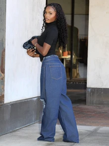 Steph T Cowgirl Women's Spring Blue Non-Stretch Distressed Frayed Sexy Wide Leg Long Jeans Spring - Dark Wash - View 5
