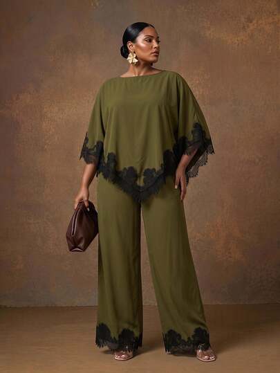 Zivah Autumn/Winter New Arrival Party Birthday Gathering Date Daily Streetwear All-Match Versatile Casual Home Holiday Outing Office Commute Elegant Off Shoulder Sleeveless Cape Top Loose Straight-Leg Pants With Pockets Lace Trim Hem And Cuff Dark Coffee Color Plus Size Women's Set