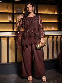 SHEIN Clasi Plus Size Women's Sequin Mesh Asymmetrical Hem Top And Wide Leg Pants Elegant 2 Pieces Set Fall - Brown - View 8
