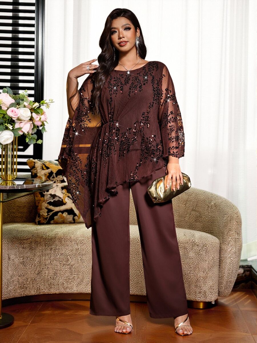 SHEIN Clasi Plus Size Women's Sequin Mesh Asymmetrical Hem Top And Wide Leg Pants Elegant 2 Pieces Set Fall