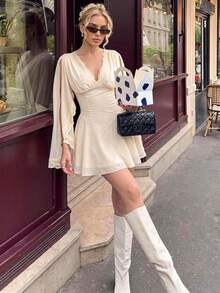Siren Gaze Fall New Lace Patchwork Ruffle Hem Dress For Women Date Tea Party Garden Vacation Party Cream White Romantic Elegant - Apricot - View 9