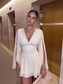 Siren Gaze Fall New Lace Patchwork Ruffle Hem Dress For Women Date Tea Party Garden Vacation Party Cream White Romantic Elegant - Apricot - View 11