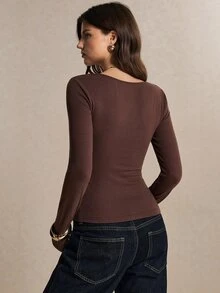 Poéselle Women's Brown Lace Insert Ruched Wrap Going Out Top, Long Sleeve Slim Fit Cotton Blend Shirt For Fall Layering, Date Night, Thanksgiving & Holiday Par - Brown - View 9