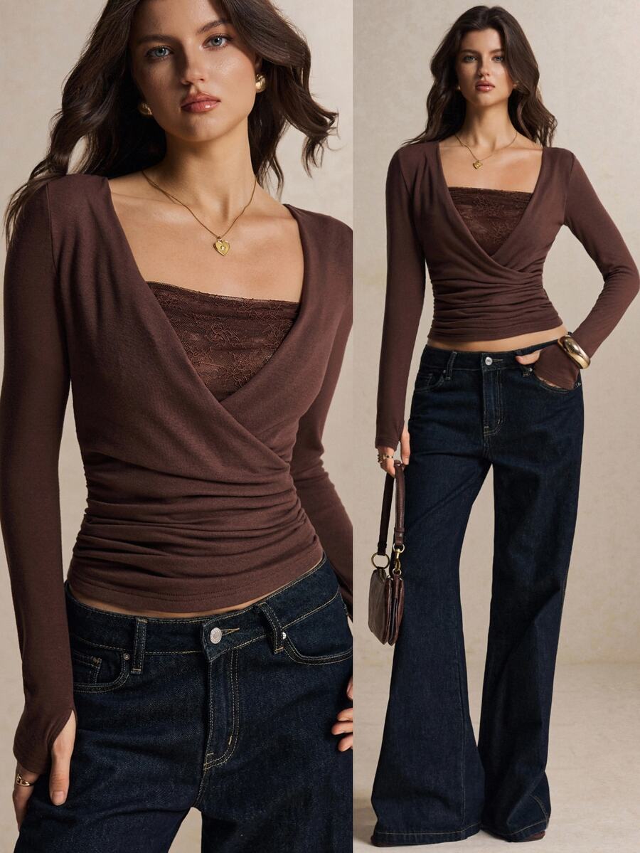Poéselle Women's Brown Lace Insert Ruched Wrap Going Out Top, Long Sleeve Slim Fit Cotton Blend Shirt For Fall Layering, Date Night, Thanksgiving & Holiday Par - Brown - View 1