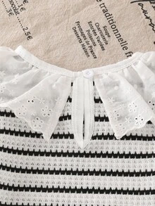 SHEIN 女童秋冬 4-7歲 條紋華夫格針織蕾絲荷葉領長袖套頭T恤上衣 秋季服飾 - 黑與白 - 查看 7