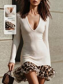 SHEIN Fall Black And White Leopard Print Vertical Ribbed V-Neck Long Sleeve Chiffon Ruffle Patchwork Knit Dress Sexy Elegant Vintage Club Night Out - White - View 2