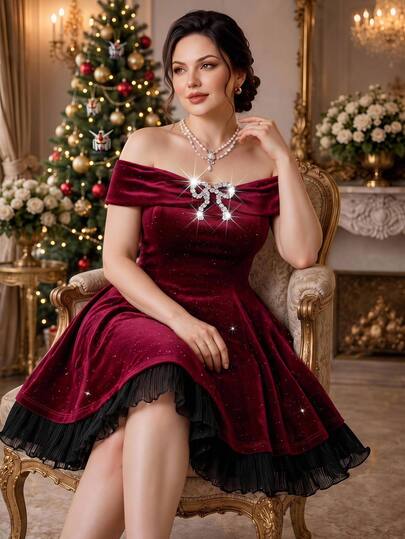Rometta Plus Size Off-Shoulder Rhinestone Bow Decor Cinched Cinched Waist A-Line Layered Tulle Dress, Fashionable Elegant For Street, Party, Date, Women