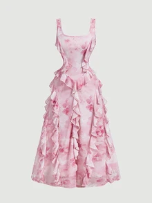 Skyraze Tie Dye Floral Ruffle Hem Mid-Length Romantic Dress - Pink - View 2