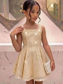 SHEIN Tween女孩派對亮片簡約細肩帶洋裝，適合新年、聖誕節與派對穿著，優雅閃亮造型 - 香檳色 - 查看 7