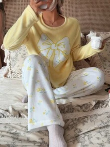 CottageSlumber Soft Pastel Yellow Plush Pajama Set, Cute Bow Patchwork Round Neck Ditsy Floral Loungewear 2 Pieces Set - Yellow - View 7