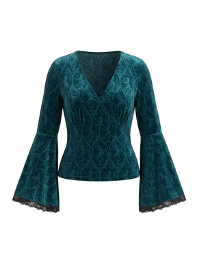 Plus Size Women's Gothic Dark Green Velvet Pattern Bell Sleeve Top