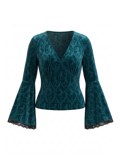 Plus Size Women's Gothic Dark Green Velvet Pattern Bell Sleeve Top