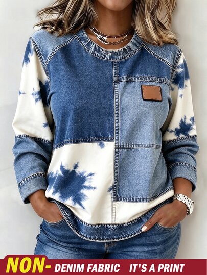 EMERY ROSE Plus Size Casual Colorblock Sticker Detail Round Neck Long Sleeve T-Shirt, Autumn Fall