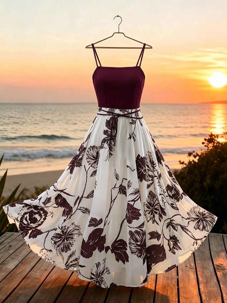 Franclia Women's Printed Sleeveless Dress, Black & White Color Block, Casual Holiday Style - Burgundy - View 5