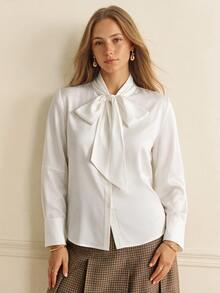 Écloséra Curve Plus Size Women's Bestselling Long Sleeve Shirt With Big Bow Collar, Elegant Solid Color Single-Breasted Layering Blouse For Party And Occasion Fall - White - View 1