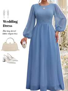Fleurora Plus Size Women's Elegant Solid Color Round Neck Cinched Waist Long Sleeve Dress Fall - Blue - View 5
