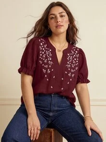 Écloséra Curve Plus Size Women's Embroidered Casual Blouse, Suitable For Dates, Romantic, Fashionable, Versatile, Daily Commute, Spring/Summer - Burgundy - View 1