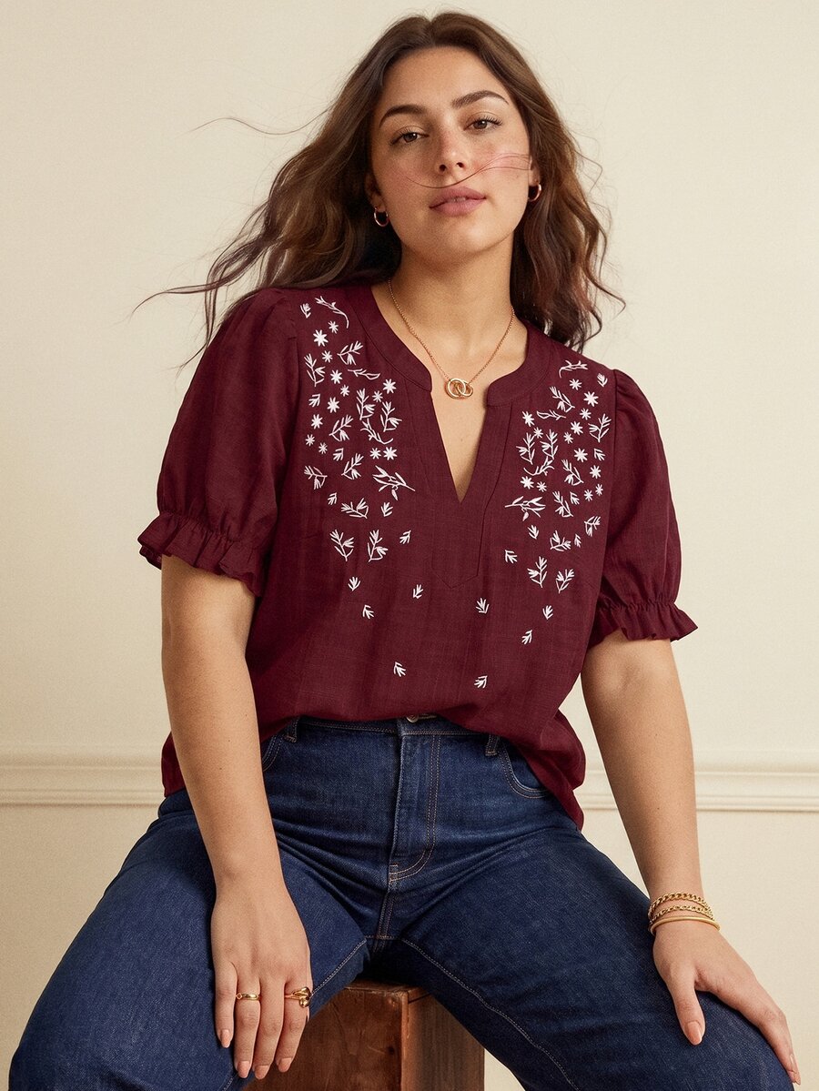 Écloséra Curve Plus Size Women's Embroidered Casual Blouse, Suitable For Dates, Romantic, Fashionable, Versatile, Daily Commute, Spring/Summer - Burgundy - View 1