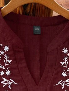 Écloséra Curve Plus Size Women's Embroidered Casual Blouse, Suitable For Dates, Romantic, Fashionable, Versatile, Daily Commute, Spring/Summer - Burgundy - View 5