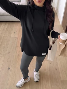 Solavon Women's Letter Print Long Sleeve Drawstring Hooded Sports T-Shirt - Black - View 7