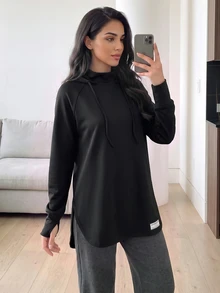 Solavon Women's Letter Print Long Sleeve Drawstring Hooded Sports T-Shirt - Black - View 8