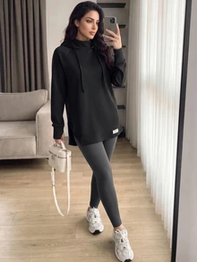 Solavon Women's Letter Print Long Sleeve Drawstring Hooded Sports T-Shirt - Black - View 6