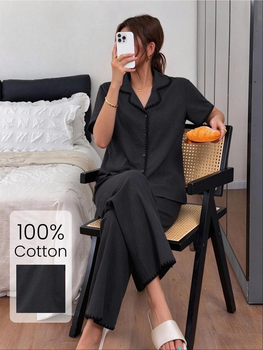 Napfluff Comfortable Casual 100% Cotton Pure Cotton Women's Home Sleepwear Set - Black - View 1
