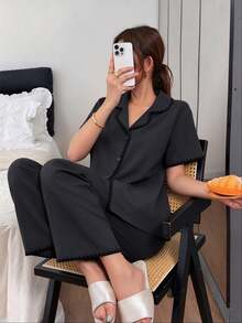 Napfluff Comfortable Casual 100% Cotton Pure Cotton Women's Home Sleepwear Set - Black - View 5