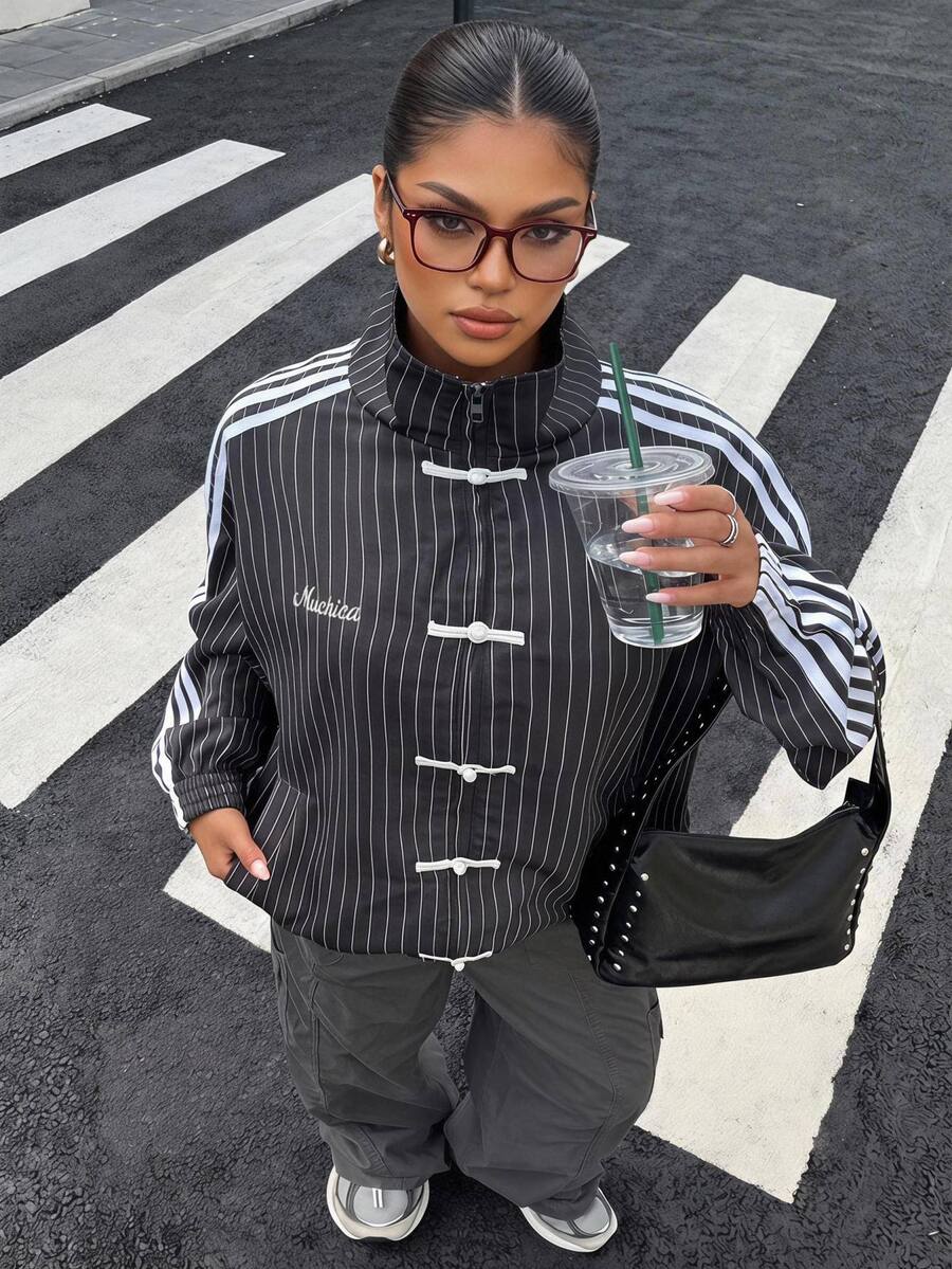 Muchica Women's Grey Stripes Long Sleeve Button Design Casual Gothic Baggy Smart Streetwear Regular Fit Jacket Homewear Going Out Office Club Fall - Grey - View 1