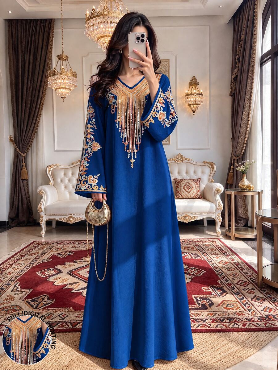 Mulvari فستان نسائي بطبعة نقاط بياقة على شكل حرف V وأكمام قصيرة أنيق ومحتشم على الطراز الشرق أوسطي، مناسب لحفلات الزفاف في الربيع/الصيف - متعدد الألوان - مشاهدة 1