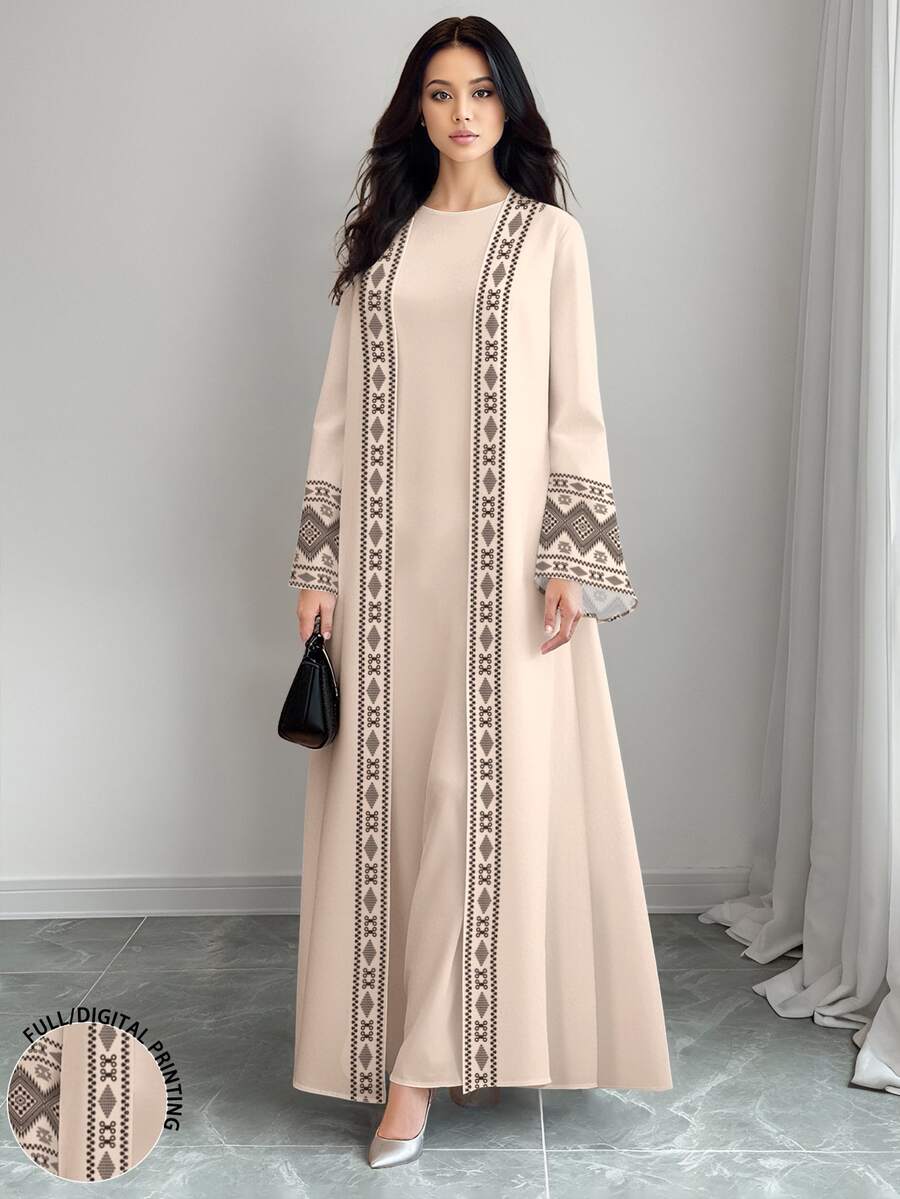 Al Najma Women's Geometric Print Fashion Long Sleeve Casual Arabic Abaya Cardigan Maxi Jacket, Spring/Autumn - Multicolor - View 1