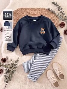 SHEIN French Style New Baby Boy 0-3 Years 2pcs Navy Blue Cotton Sweatshirt Set, Crew Neck Sweatshirt With Bear Pattern And Striped Long Pants, Suitable For Outings, School And Multiple Occasions - Multicolor - View 3