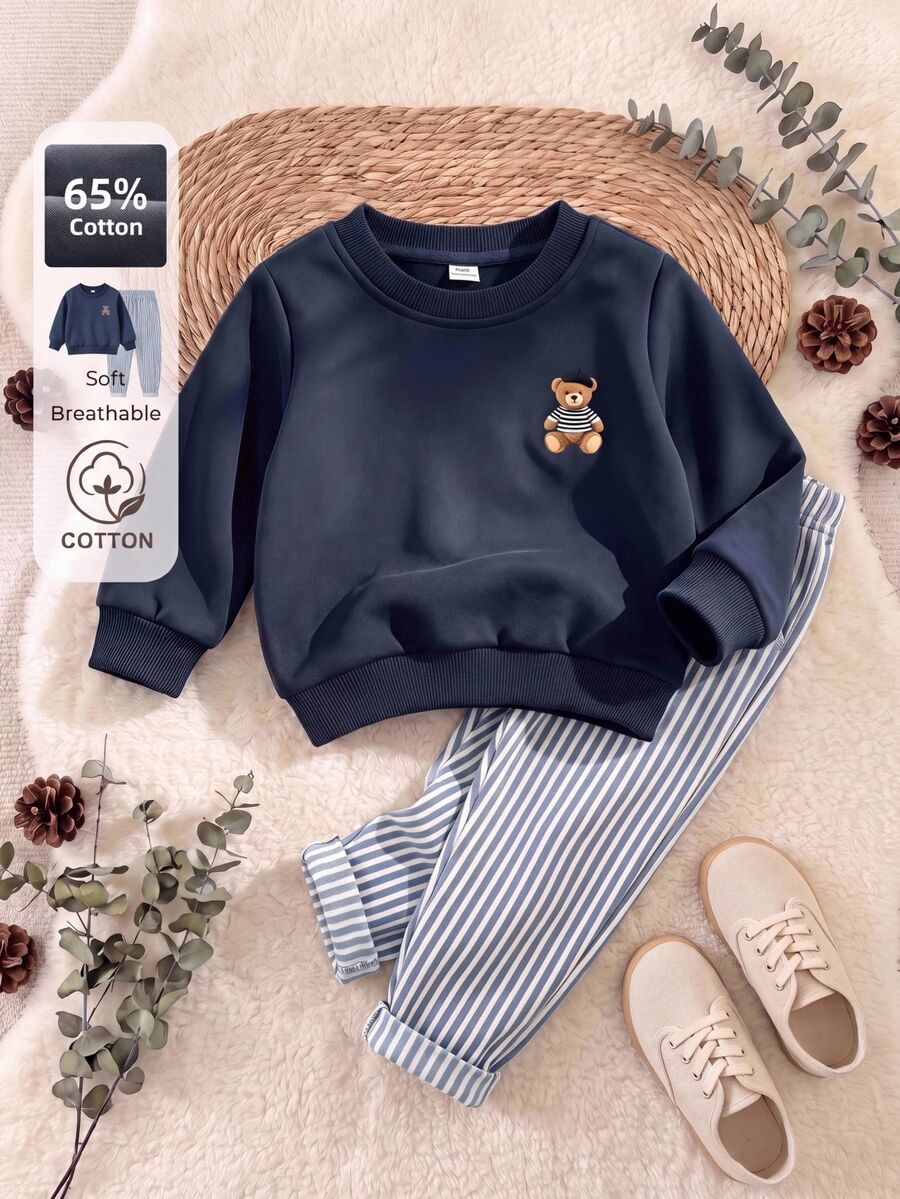 SHEIN French Style New Baby Boy 0-3 Years 2pcs Navy Blue Cotton Sweatshirt Set, Crew Neck Sweatshirt With Bear Pattern And Striped Long Pants, Suitable For Outings, School And Multiple Occasions - Multicolor - View 1