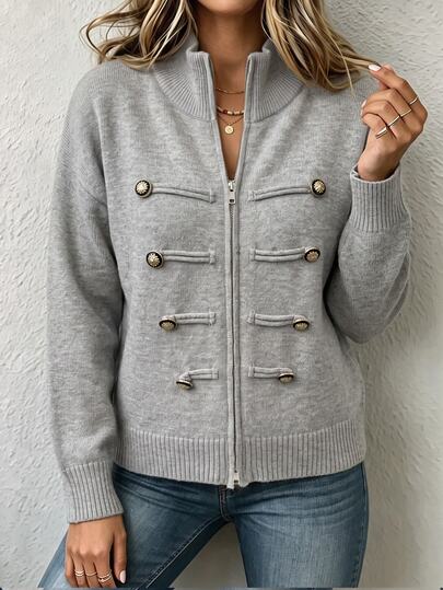 Linhara New Chinese Style Stand Collar Zipper Knit Cardigan Women's National Style Double-Breasted Button Short Loose Sweater Jacket Autumn/Winter