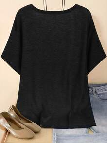 Plus Size Women's Plain V-Neck Short Sleeve Casual T-Shirt - Black - View 2