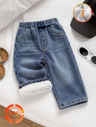 SHEIN Pantalones vaqueros de mezclilla con forro térmico para niña, estilo casual versátil minimalista Y2K, estilo callejero cool, desgastados, pierna recta suelta, azul lavado, cómodos, adecuados para uso diario, unisex