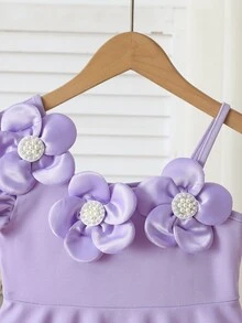 SHEIN 女童藍色夏季洋裝，優雅仙女公主風 3D 串珠花卉裝飾，收腰 A 字版型，適合生日派對禮物與婚禮 - 紫色 - 查看 6